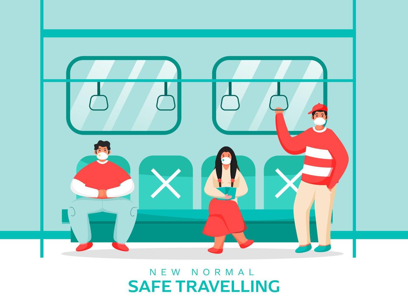 pessoas vestindo médico mascarar às trem com manter social distância para evita a partir de coronavírus. Novo normal seguro viajando conceito. vetor