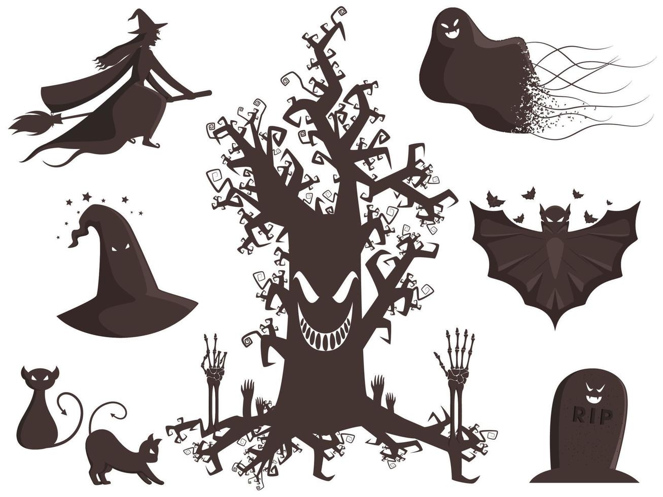 ilustração do assustador árvore com bruxa vôo vassoura, fantasma, morcegos, desenho animado gatos, esqueleto mãos e Descanse em paz lápide em branco fundo. vetor
