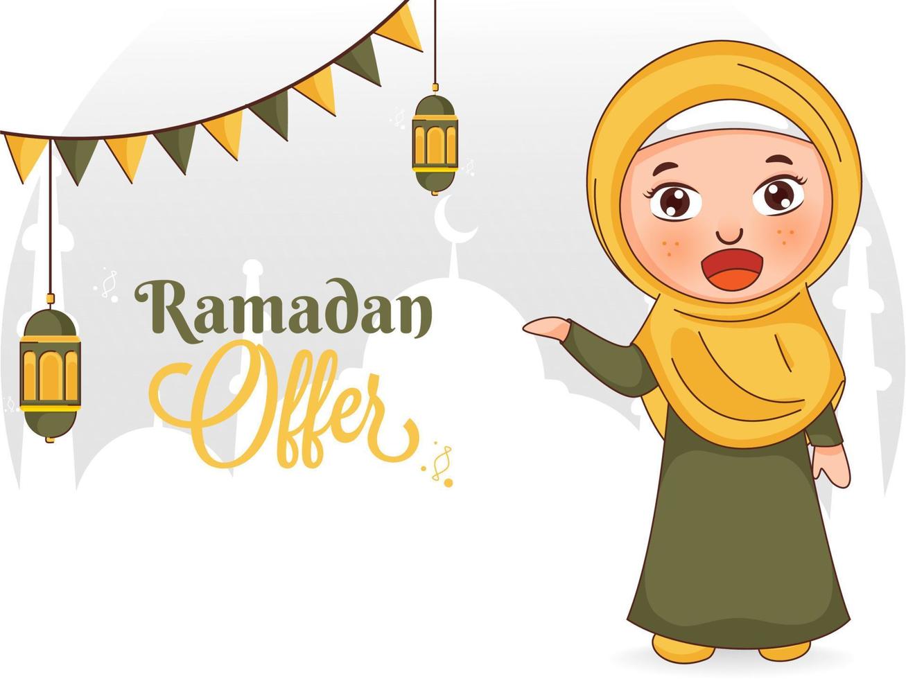 Ramadã oferta poster Projeto com islâmico menina personagem e suspensão lanternas em branco mesquita fundo. vetor