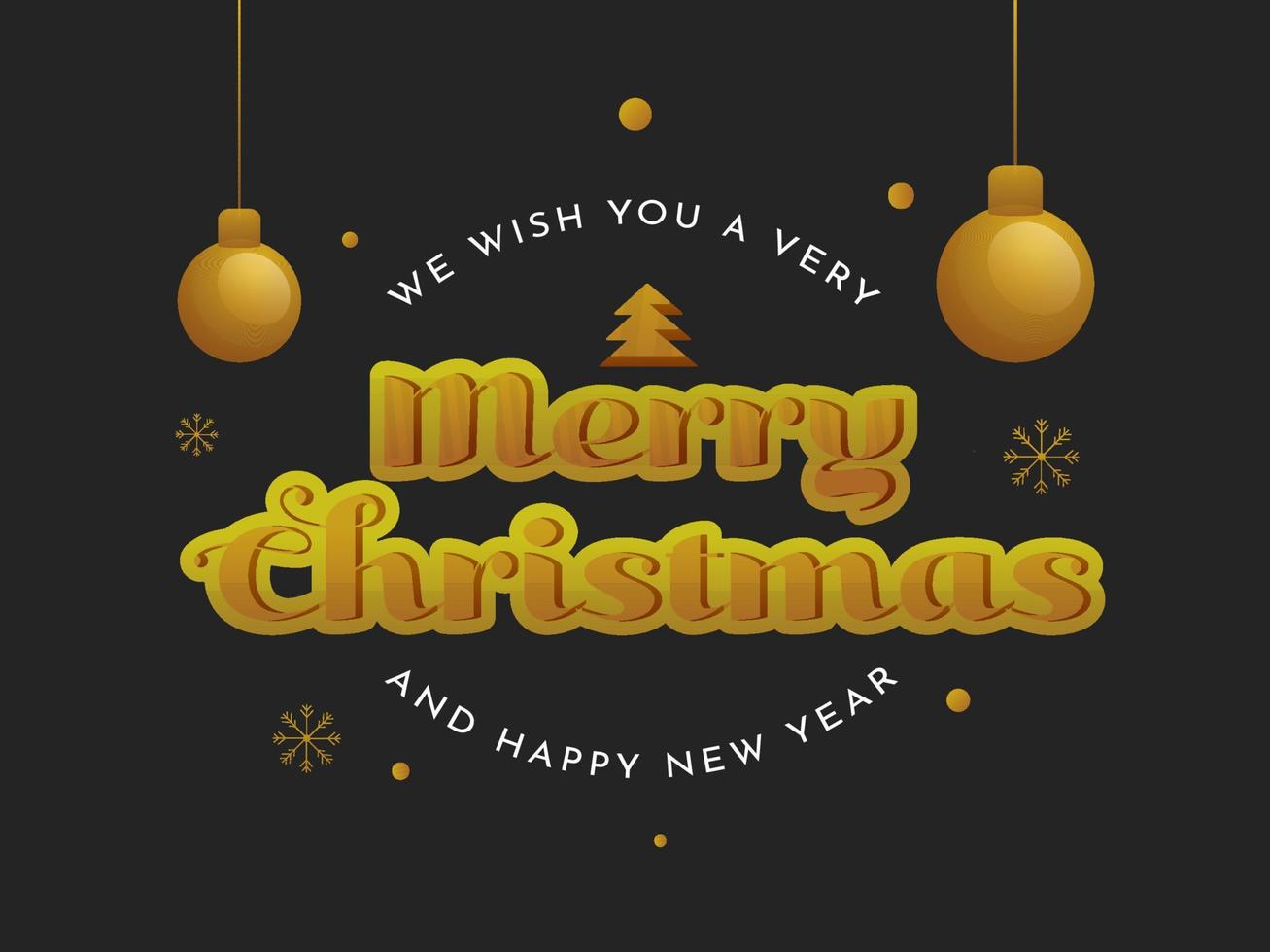 nós desejo você uma muito alegre Natal e feliz Novo ano texto em Preto fundo decorado com flocos de neve, suspensão bugigangas. vetor