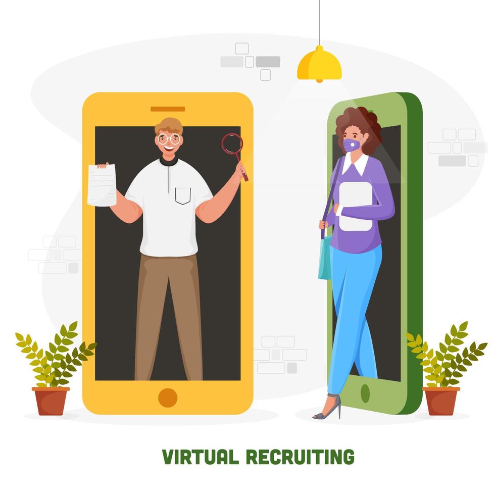 virtual recrutamento conceito Sediada poster Projeto com ilustração do homem de negocios e mulher dentro separado Smartphone em branco fundo. vetor