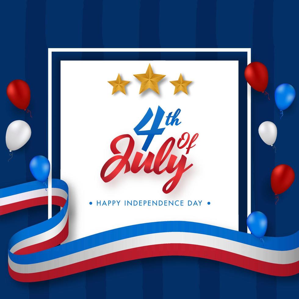4º do Julho Fonte com dourado estrelas, lustroso balões e americano bandeira ondulado fita em azul listrado fundo. vetor