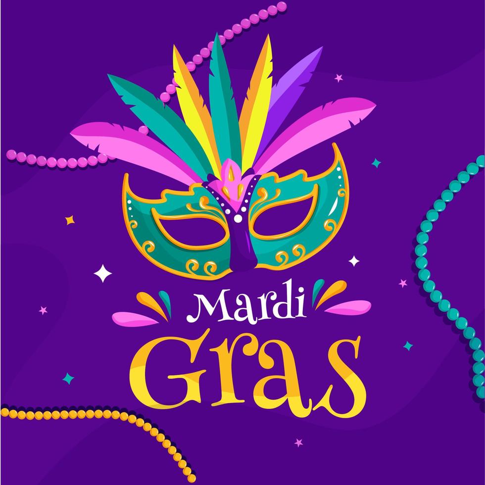 mardi gras texto com colorida carnaval mascarar em roxa fundo para celebração conceito. vetor