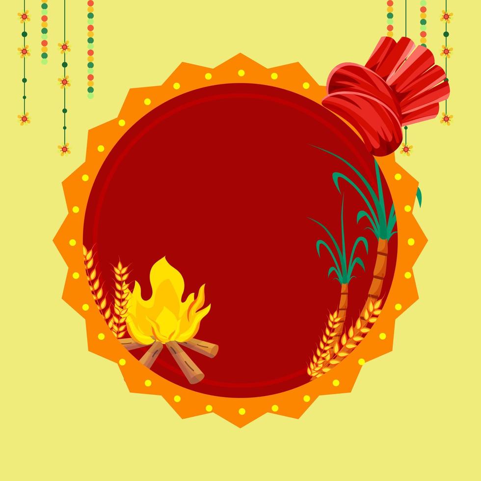 ilustração do fogueira com trigo ouvidos, cana de açúcar, turbante e vermelho esvaziar circular quadro, Armação em amarelo fundo. vetor