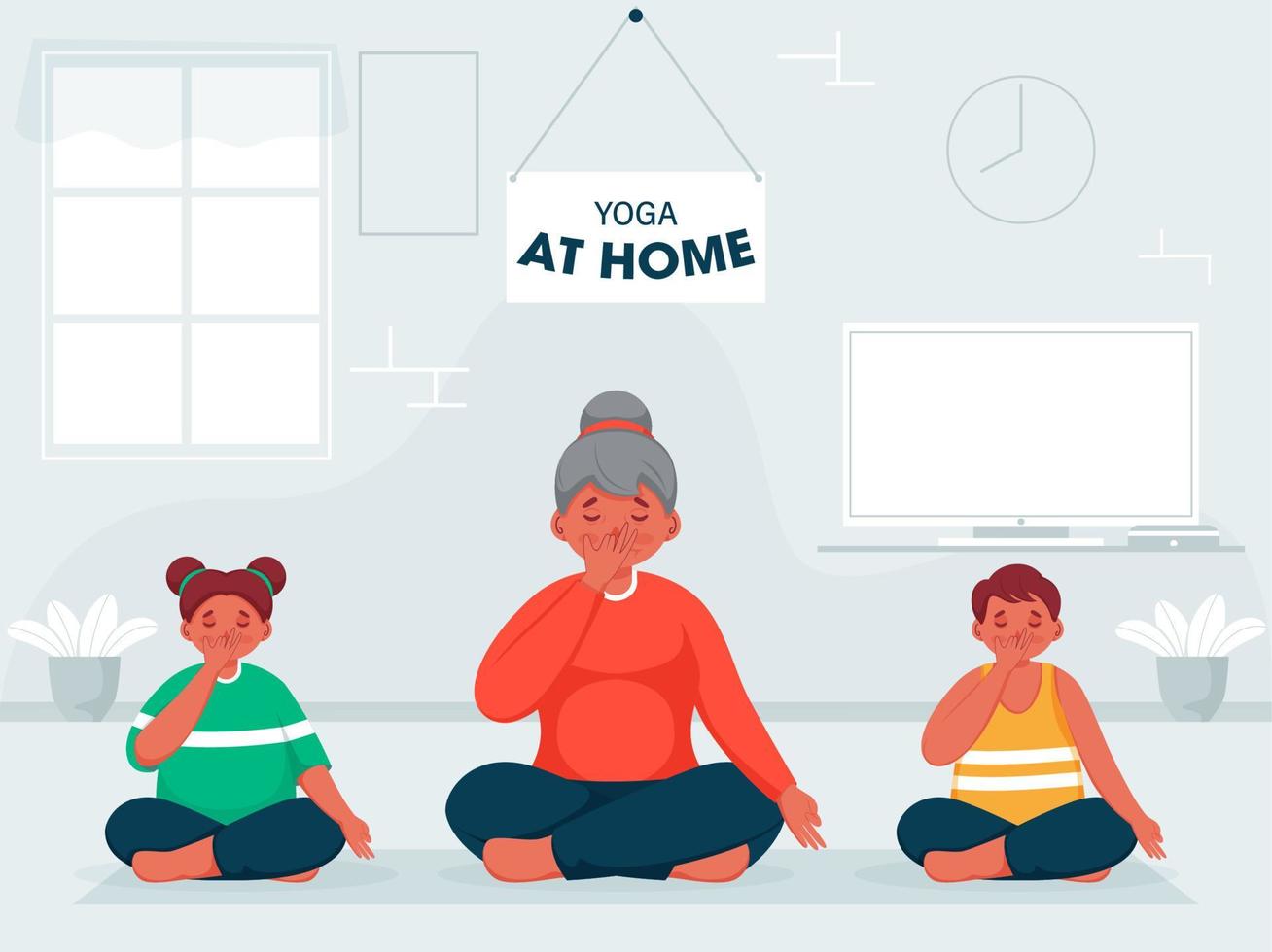 desenho animado mulher com crianças fazendo alternar narina respiração ioga dentro sentado pose às casa para evita a partir de coronavírus. vetor