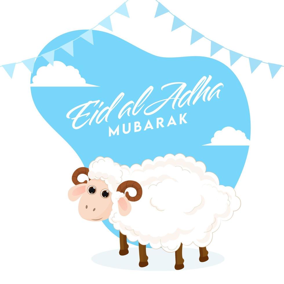 eid al adha Mubarak Fonte com desenho animado ovelha e estamenha bandeiras em abstrato azul e branco fundo. vetor