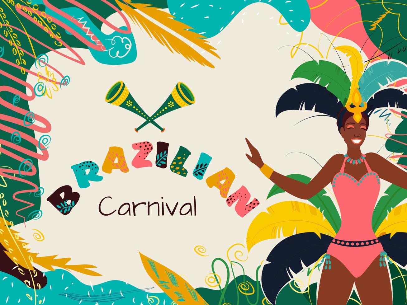 fêmea samba dançarino com festa chifre em criativo colorida abstrato fundo para brasileiro carnaval celebração. vetor
