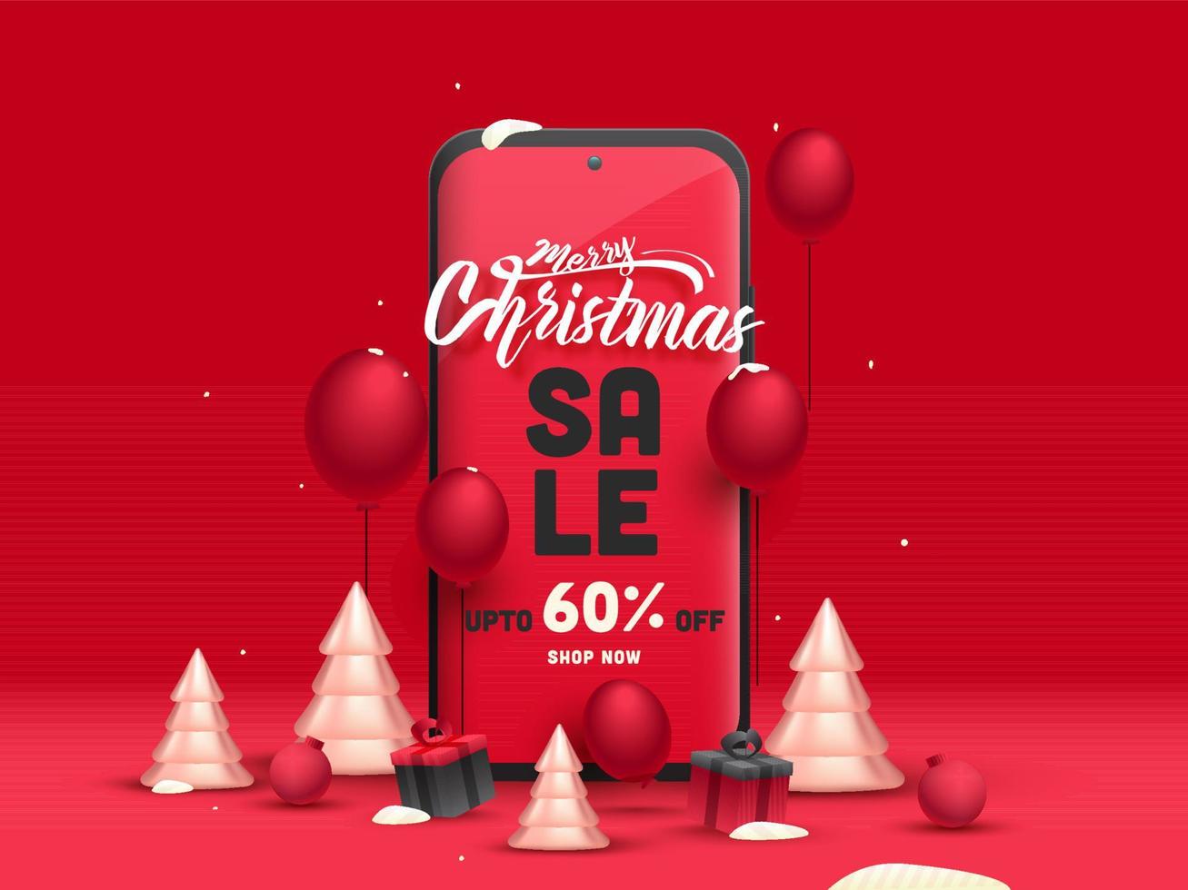 alegre Natal venda poster Projeto com 60. desconto oferecer, 3d natal árvores, presente caixas, balões e Smartphone em vermelho fundo. vetor