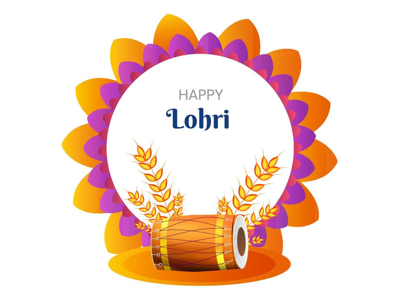 feliz Lohri texto em mandala quadro, Armação com trigo orelhas e dhol instrumento ilustração. vetor