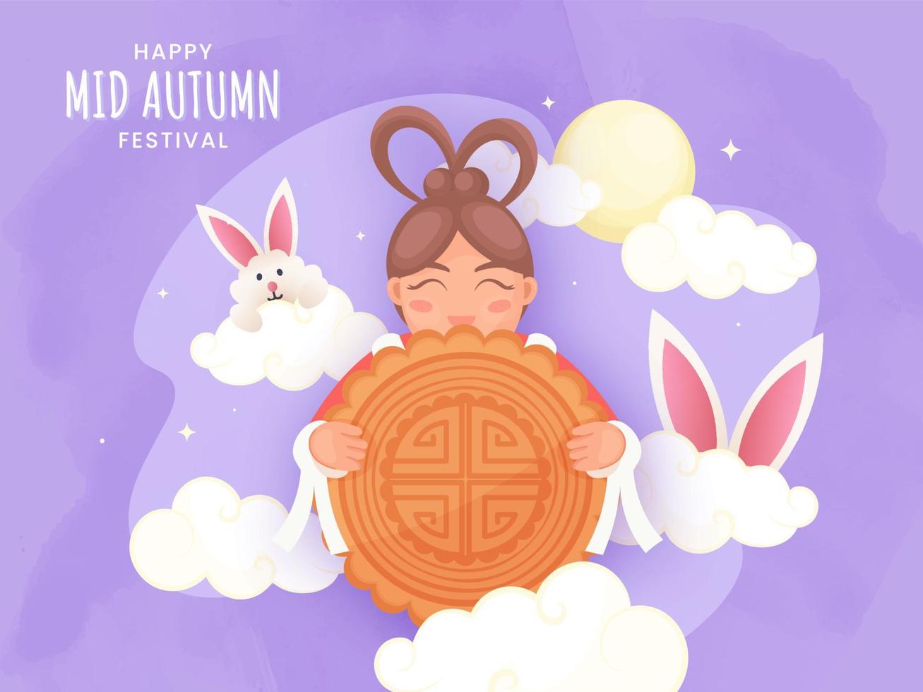 feliz meio outono festival poster Projeto com chinês menina segurando uma bolo da lua, desenho animado coelhinho, nuvens e cheio lua em roxa fundo. vetor