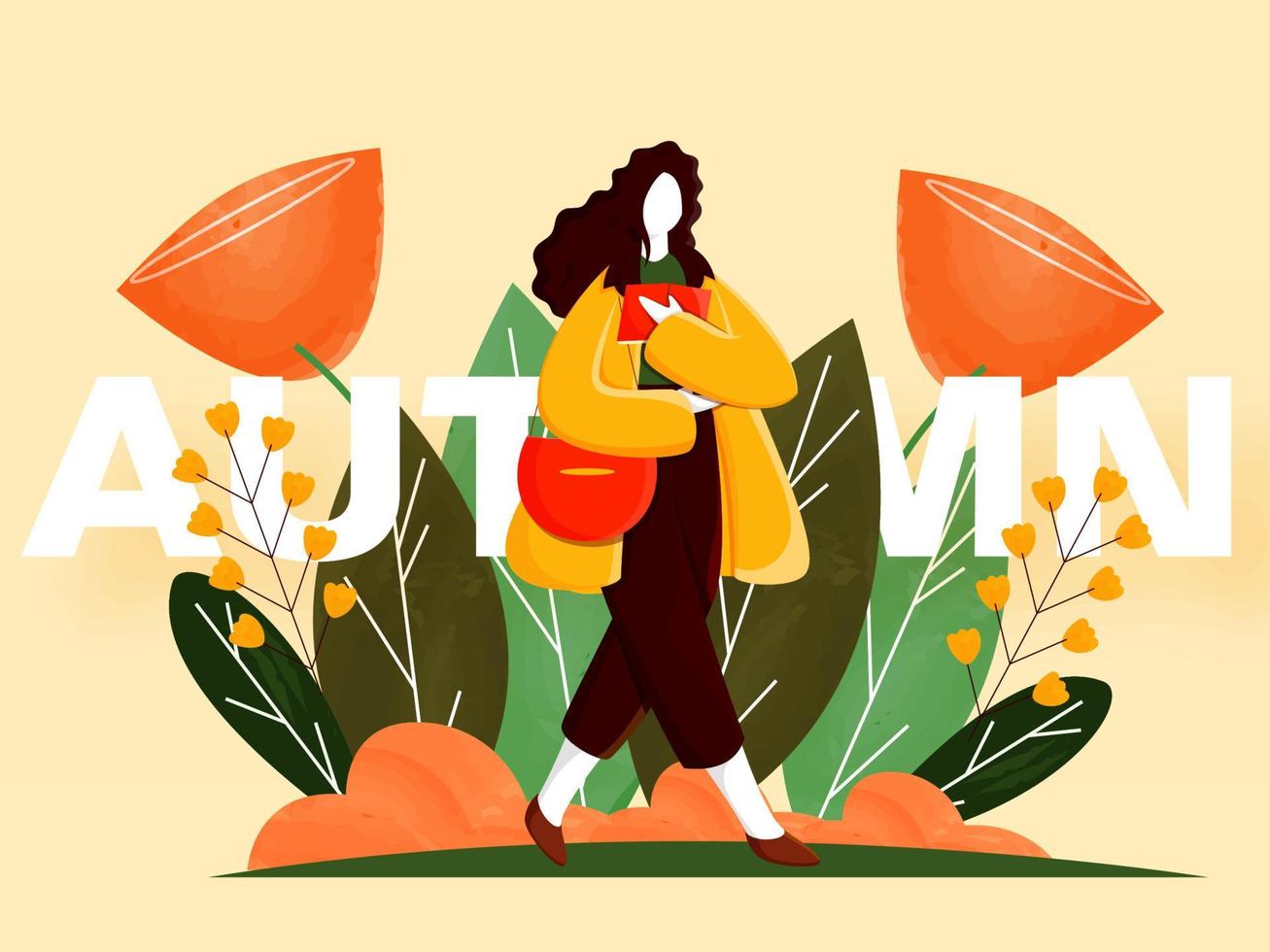 desenho animado jovem mulher segurando livro com Bolsa, flores e folhas decorado em amarelo fundo para outono temporada. vetor