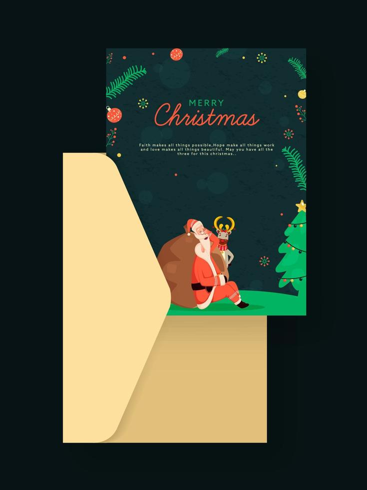 alegre Natal desejando cartão com envelope em Sombrio cerceta verde fundo. vetor