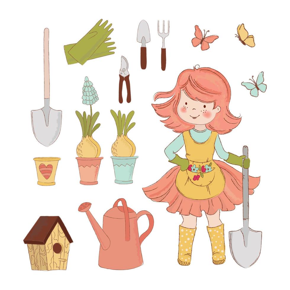 menina jardim Primavera Cuidado acessórios vetor ilustração conjunto