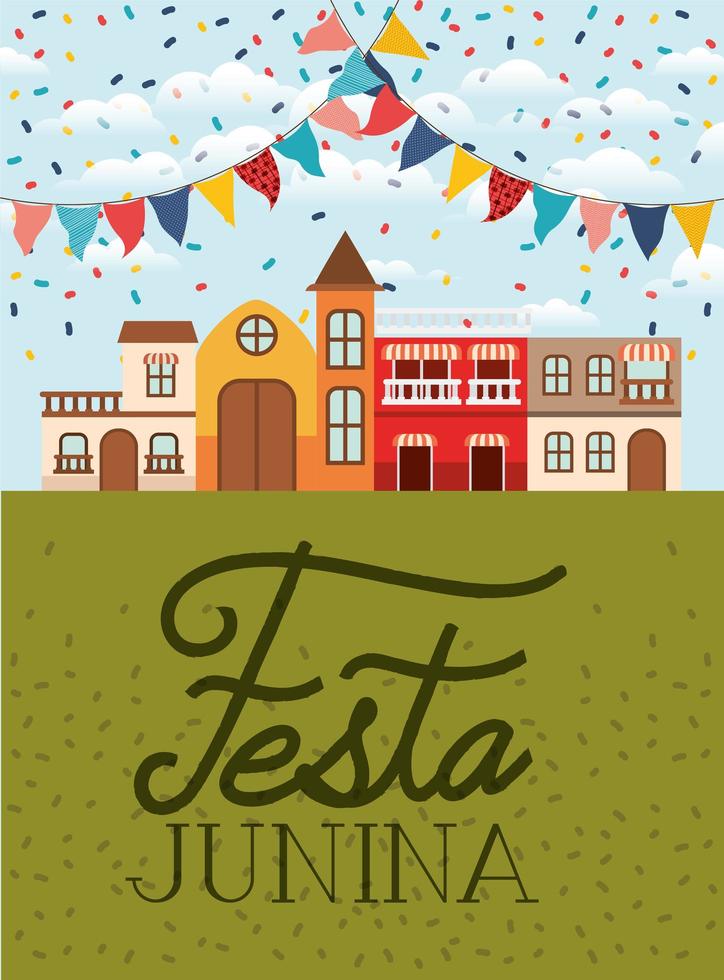 festa junina com cena de aldeia e guirlandas vetor