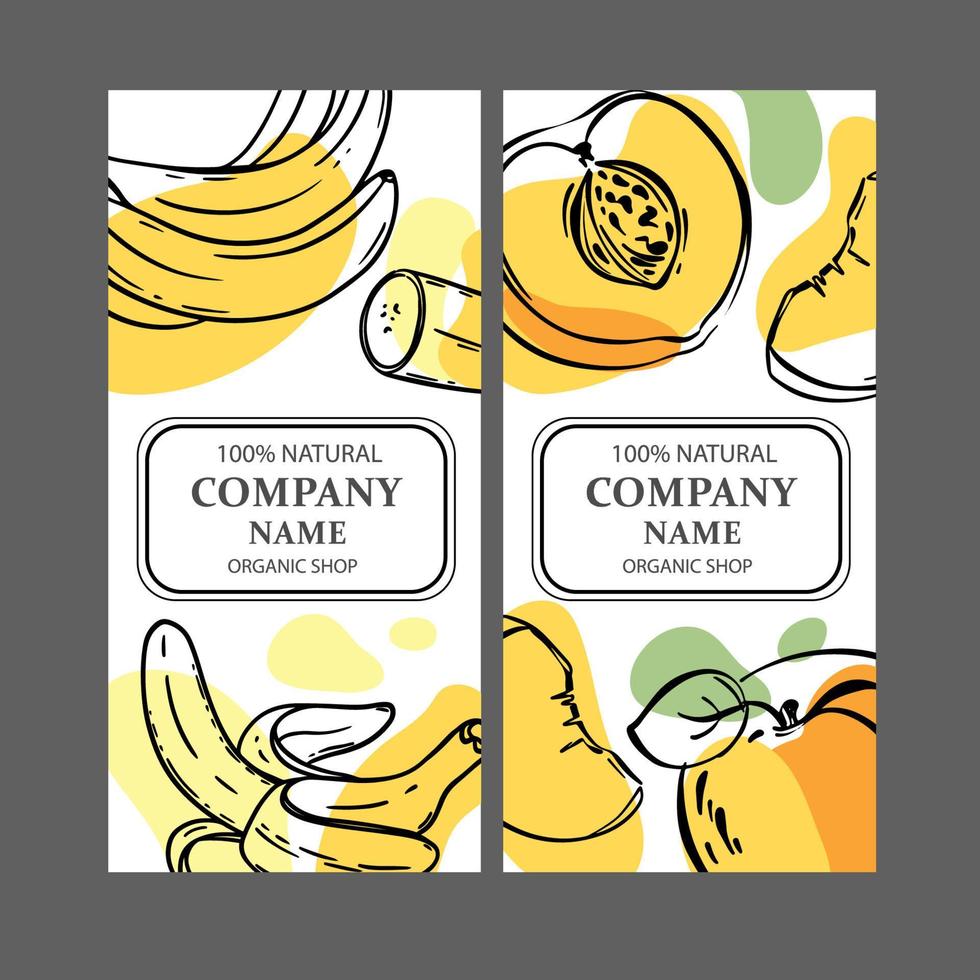 pêssego banana etiquetas vertical esboço vetor ilustração conjunto