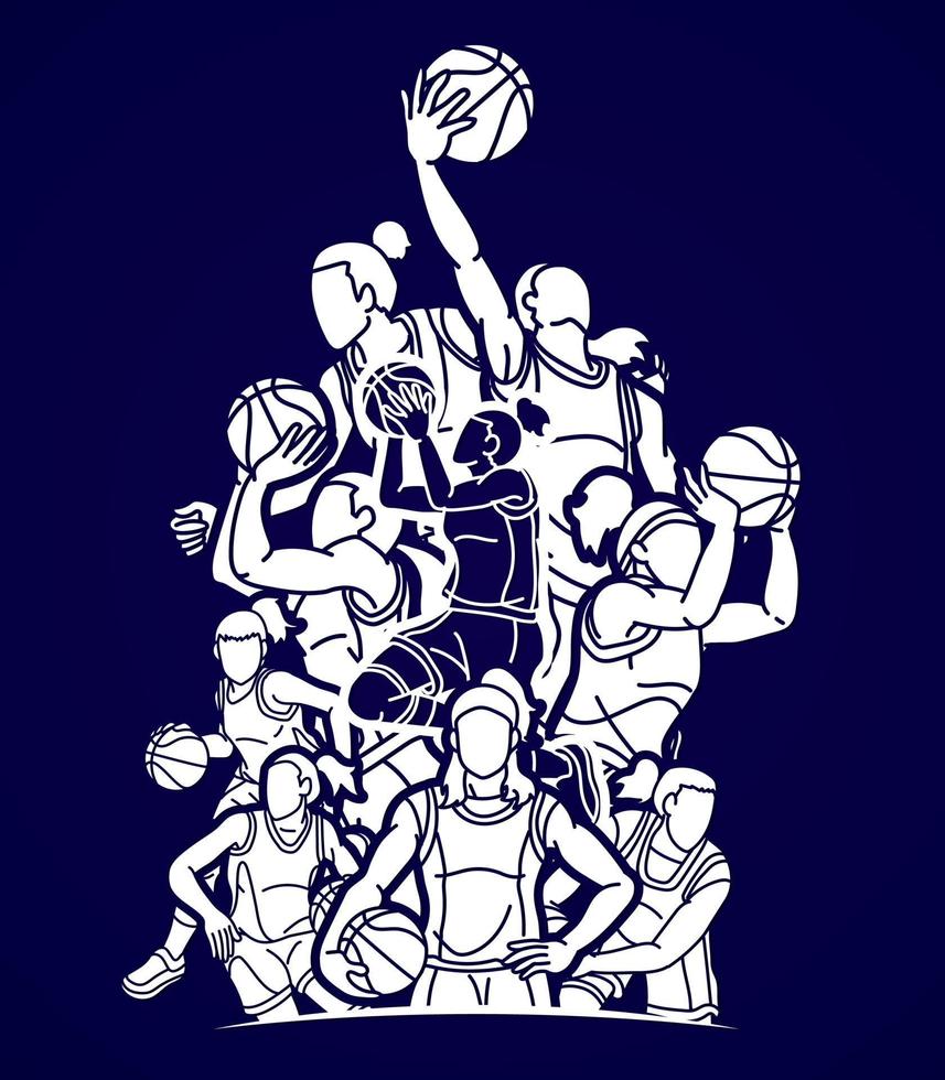 silhueta grupo do basquetebol fêmea jogadoras açao desenho animado esporte vetor