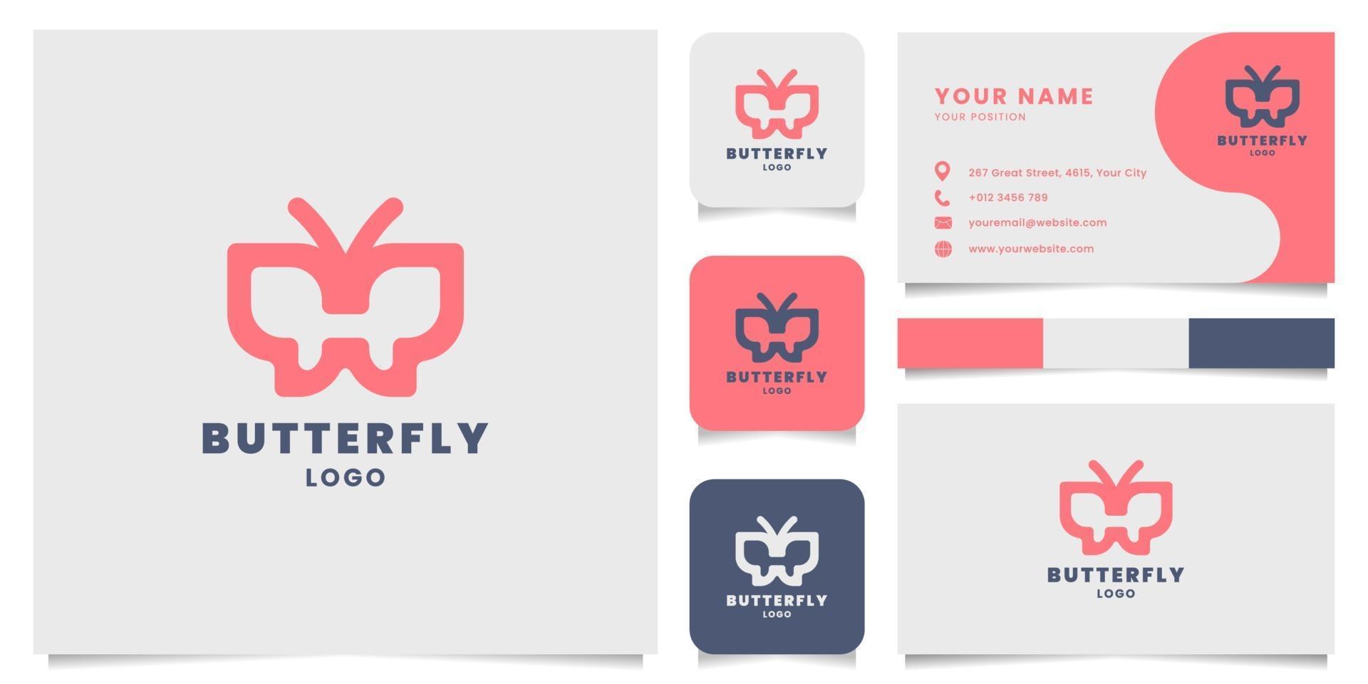 Logotipo de borboleta simples e minimalista com linhas em negrito e modelo de cartão de visita vetor
