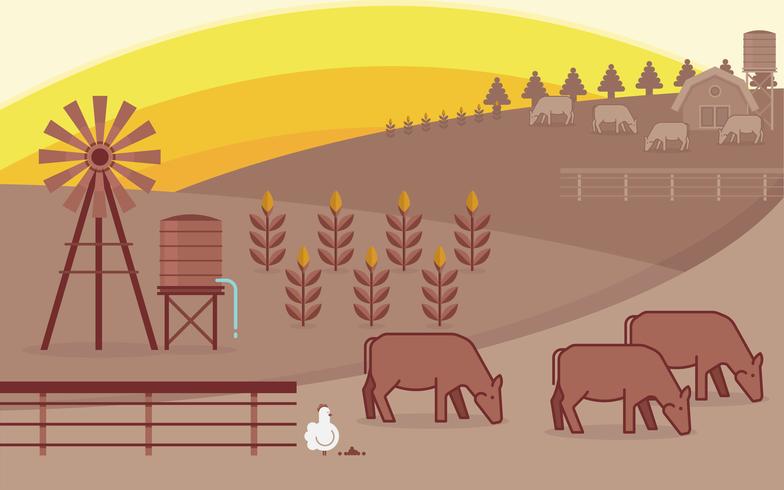Ilustração de gado e fazenda de agricultura vetor