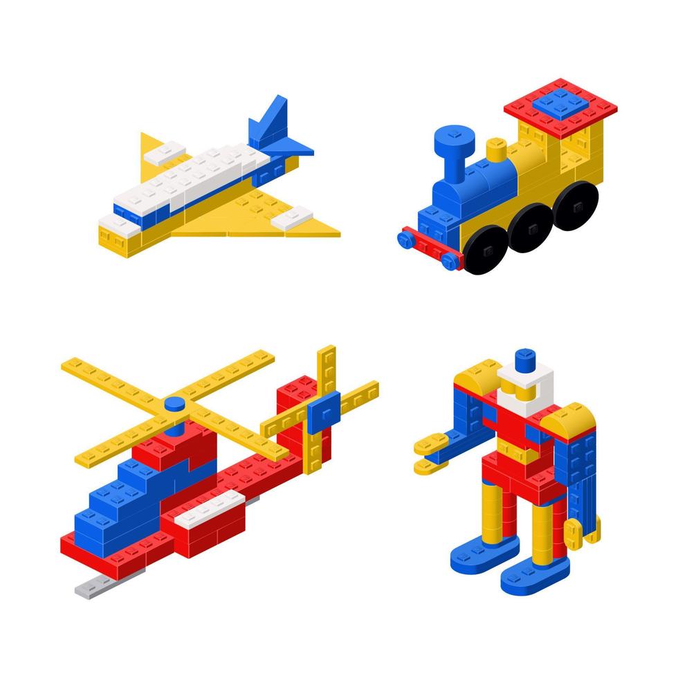 objetos construído a partir de plástico blocos, uma helicóptero, a avião, uma locomotiva e uma robô. vetor clipart