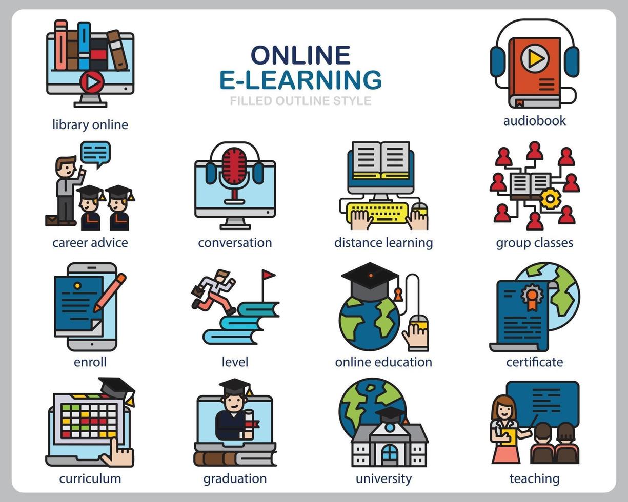 conjunto de ícones de aprendizagem on-line para site, documento, design de cartaz, impressão, aplicativo. ícone do conceito de curso online preenchido estilo de contorno. vetor