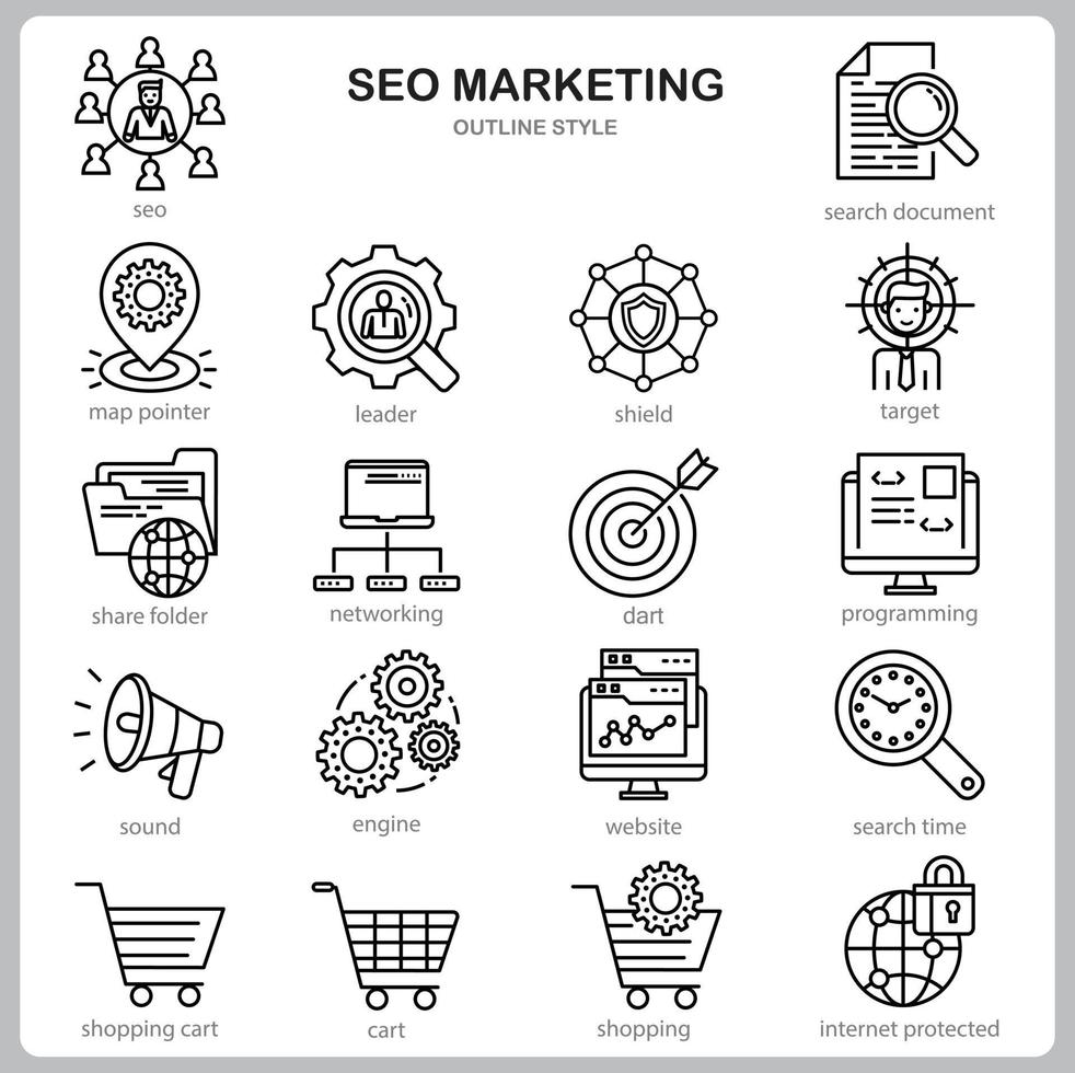 conjunto de ícones de marketing de seo para site, documento, design de cartaz, impressão, aplicativo. estilo de contorno do ícone do conceito de marketing seo. vetor
