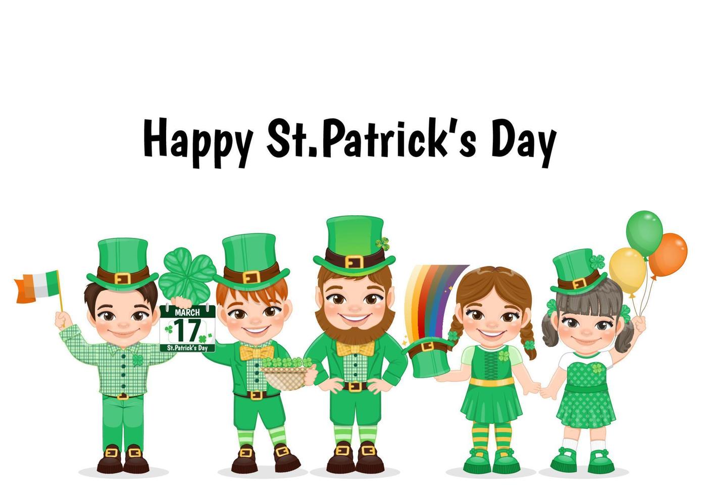 st. patrick s dia cartão modelo com duende e crianças dentro irlandês figurinos. convite cartão para a irlandês festa às a bar desenho animado personagem Projeto vetor