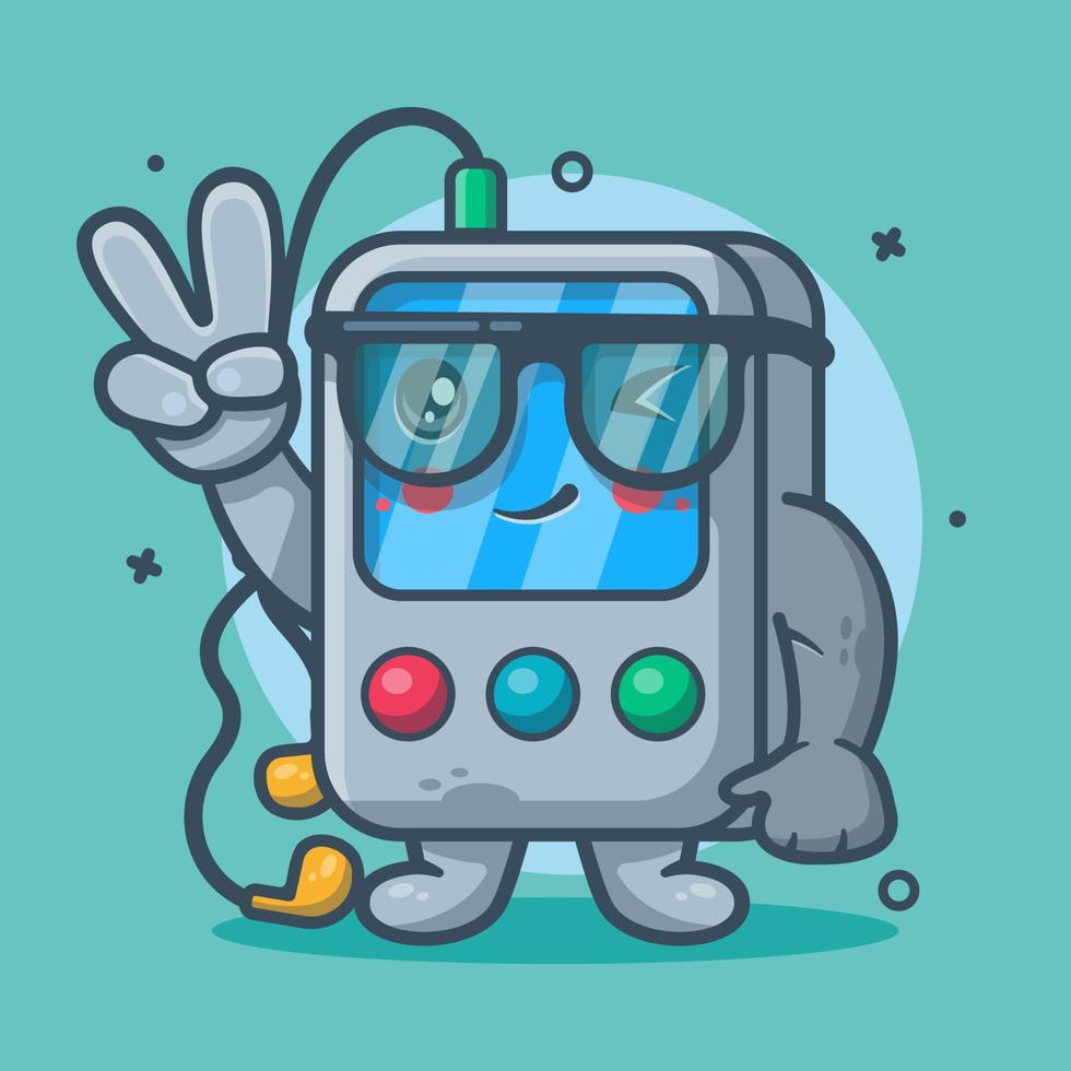fofa portátil música jogador personagem mascote com Paz placa mão gesto isolado desenho animado dentro plano estilo Projeto vetor