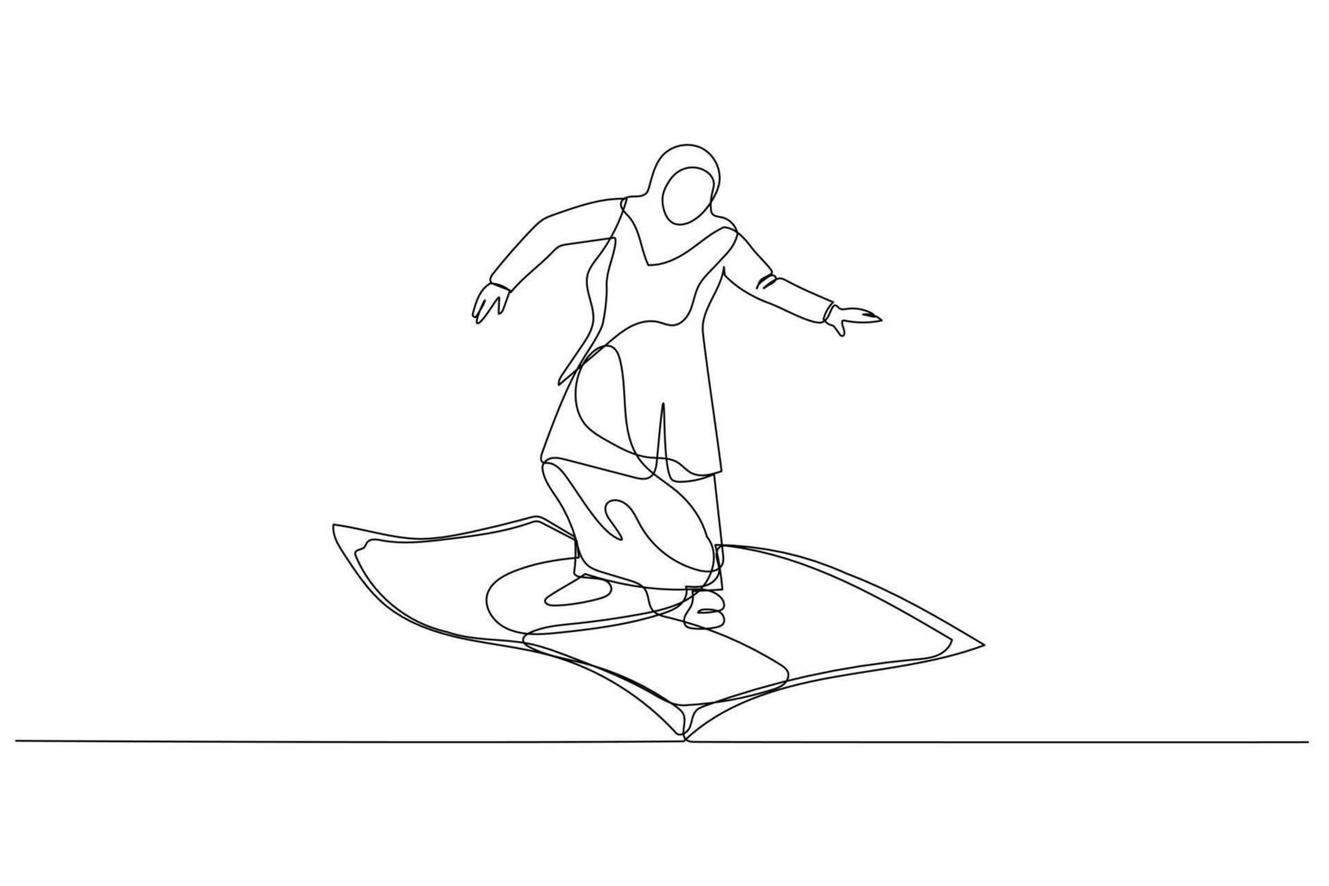 ilustração do muçulmano mulher equitação vôo dinheiro. metáfora para lucro. solteiro contínuo linha arte estilo vetor