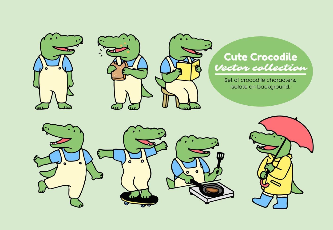conjunto do fofa crocodilo desenho animado personagem, costas para escola conceito. isolado em branco fundo, vetor ilustração.
