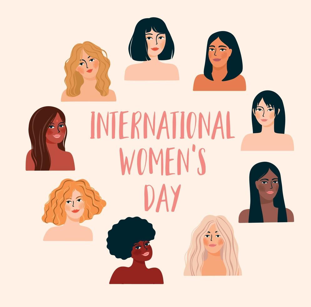 dia internacional da mulher. ilustração vetorial com mulheres de diferentes nacionalidades e culturas. vetor