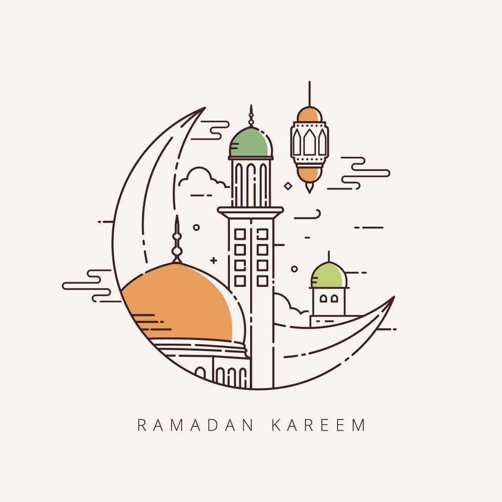 ramadan kareem com símbolo islâmico de estilo de linha de arte vetor