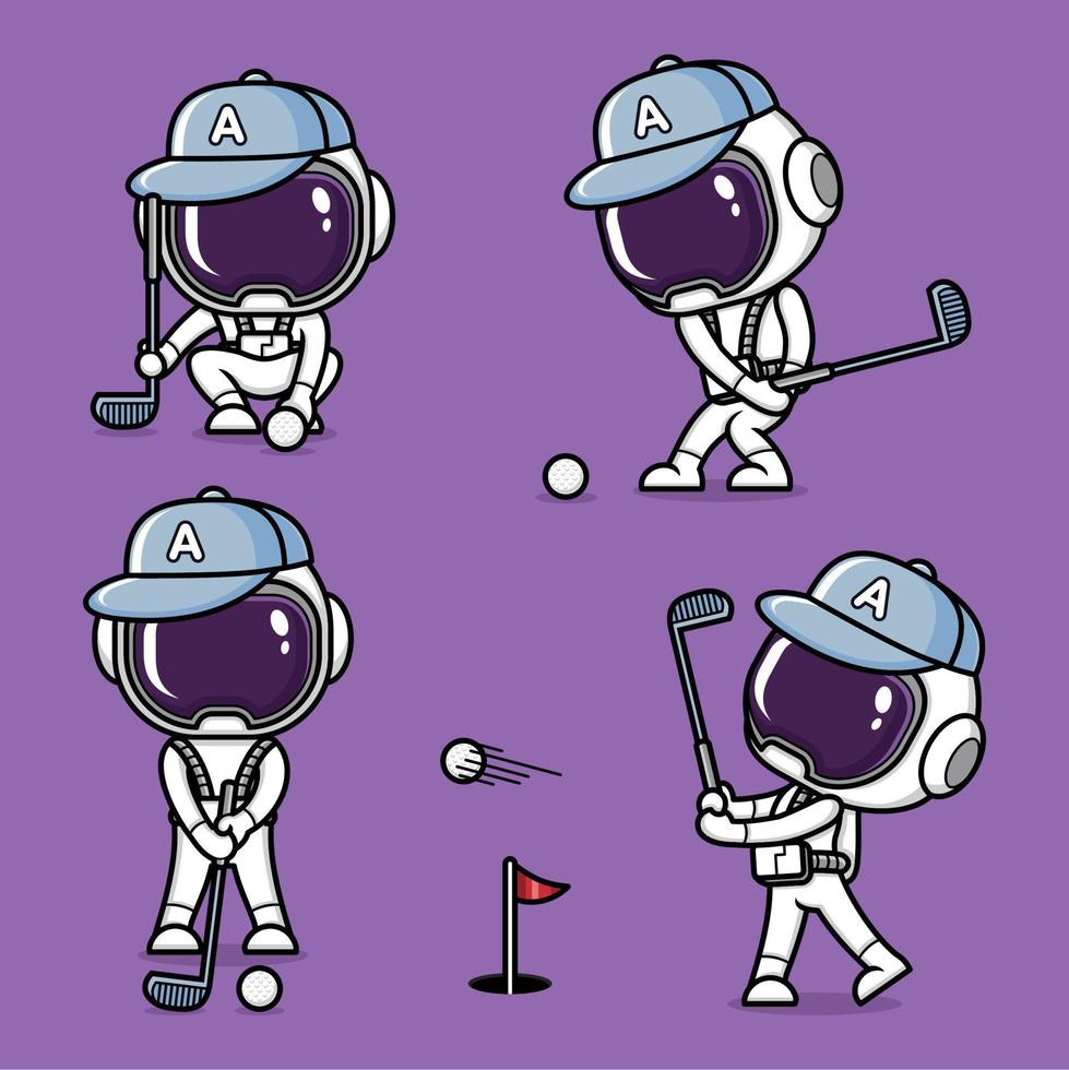 fofa desenho animado astronauta jogando golfe vetor