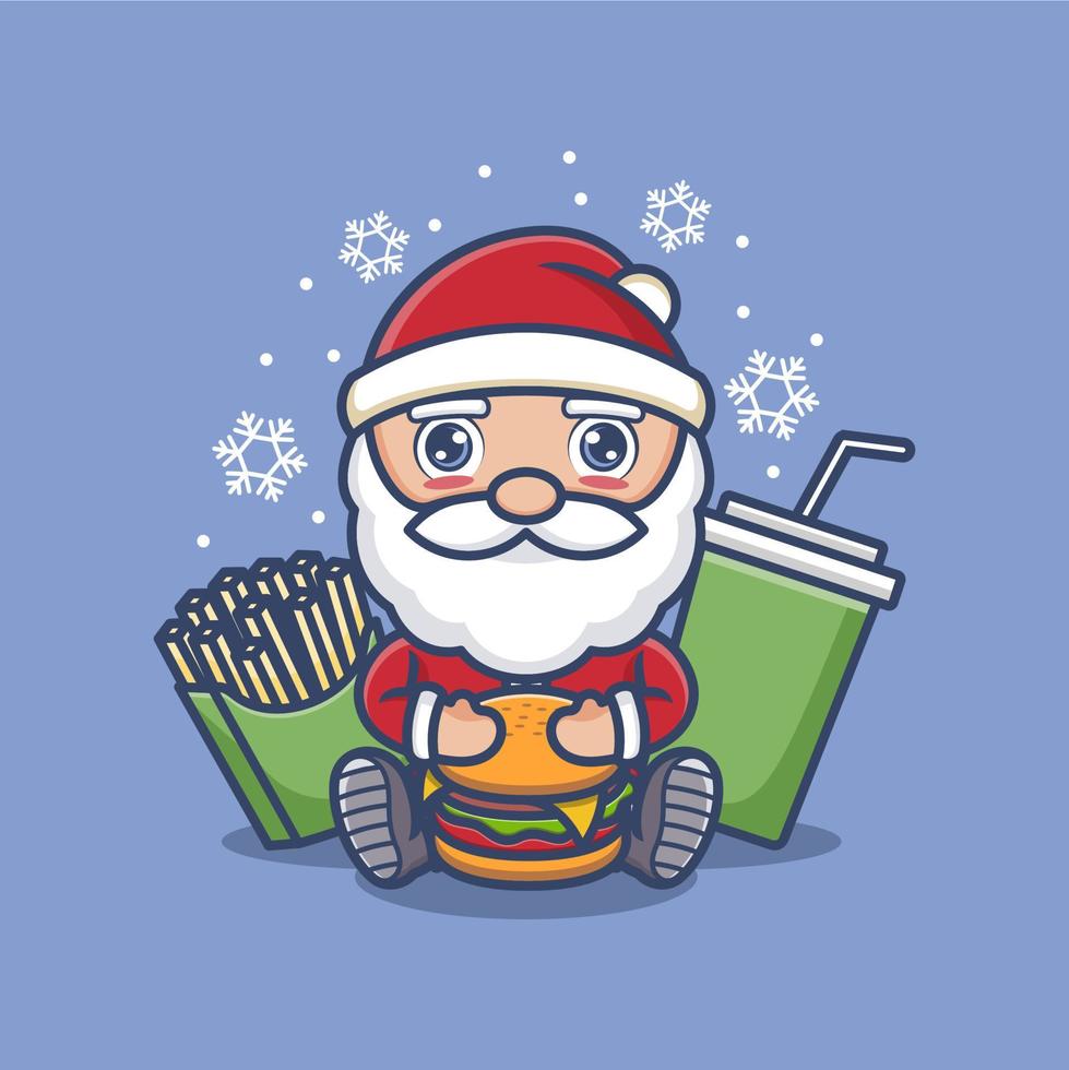 fofa desenho animado santa claus com hamburguer vetor