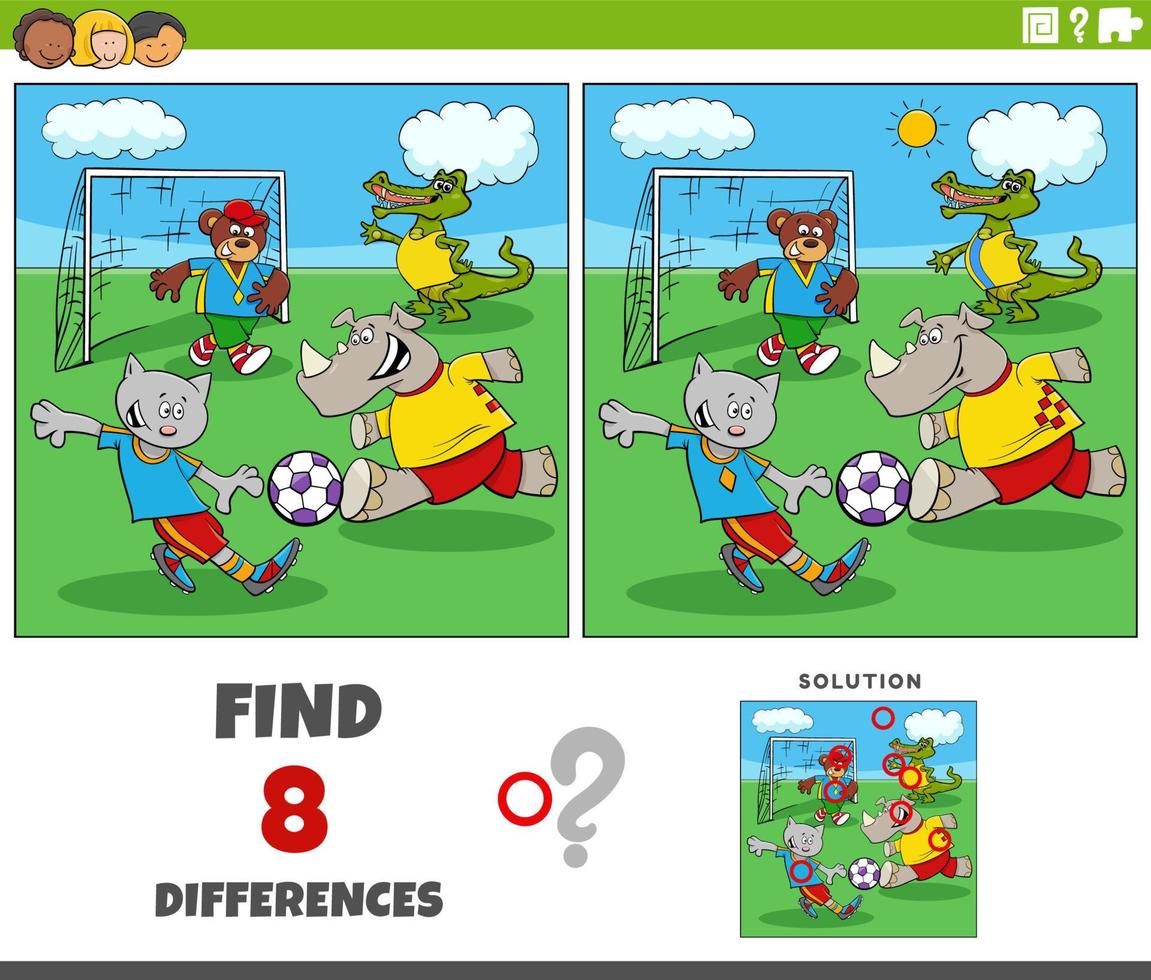 diferenças jogos com desenho animado animais jogando futebol vetor