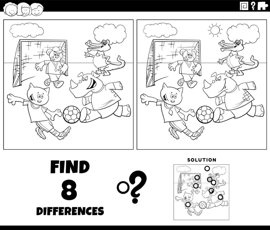 diferenças jogos com animais jogando futebol coloração página vetor