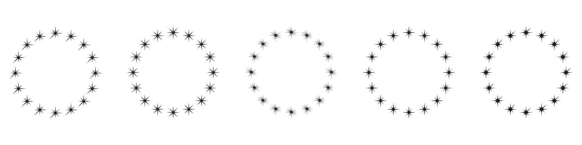 estrelas no conjunto de ícones de silhueta de forma de círculo. ícone circular do ornamento da decoração no fundo branco. quadro de prêmio redondo moderno com pictograma de estrelas negras. ilustração vetorial isolada. vetor