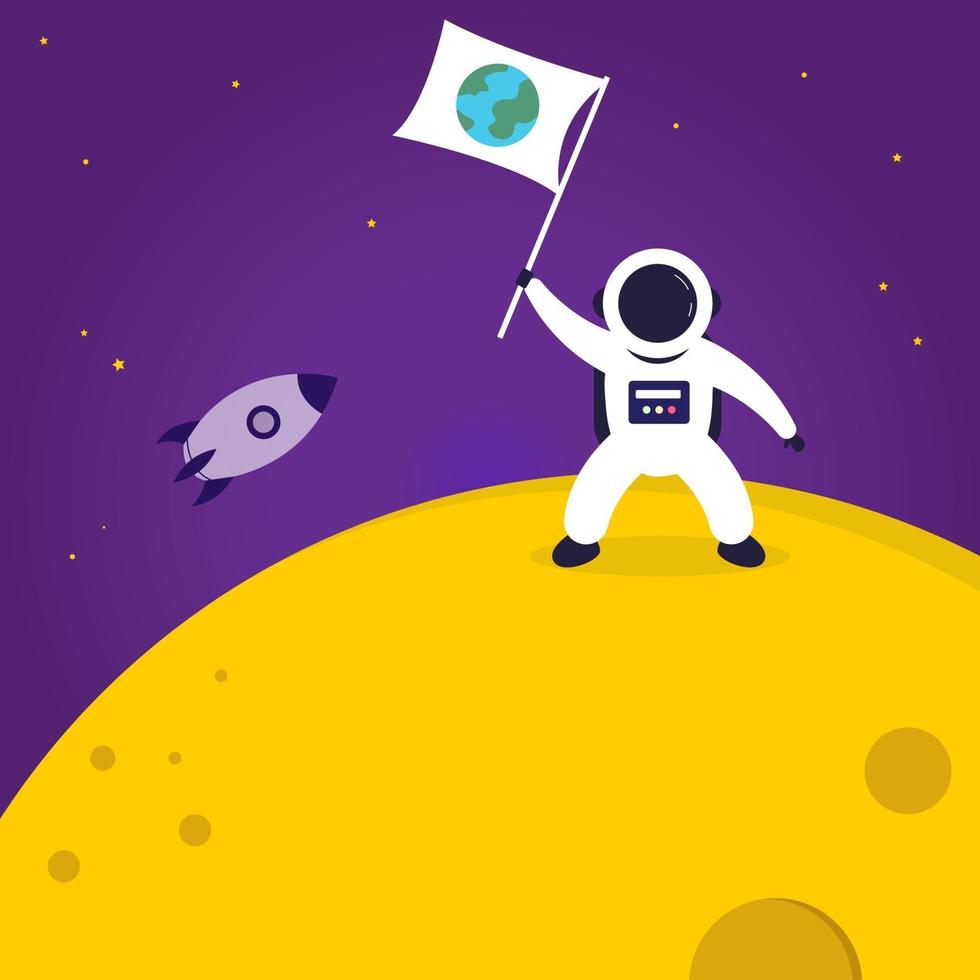 astronauta com bandeira na lua. ilustração vetorial colorida para livro infantil ou decoração. vetor