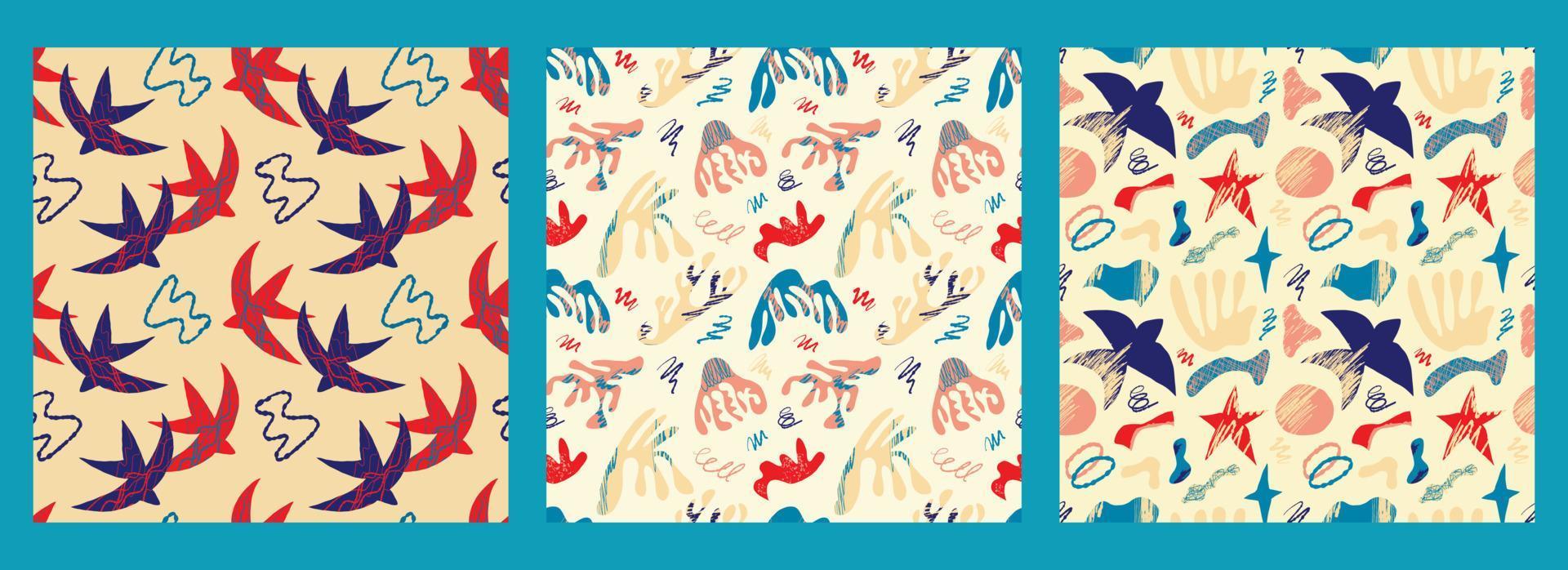 uma conjunto do vetor padrões com abstrato brilhante elementos, estrelas e pássaros dentro a Matisse estilo em uma bege fundo. abstrato geométrico padrões para tecidos, moda Projeto.