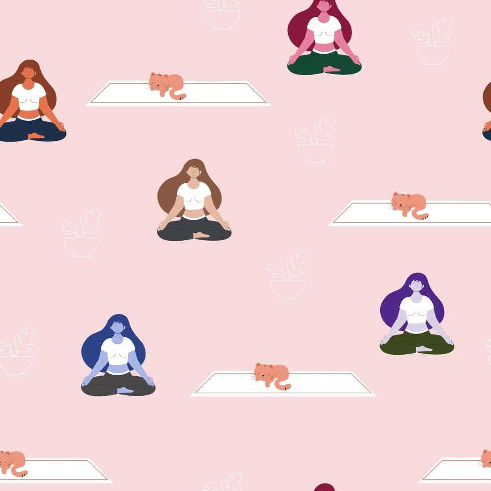 padrão sem emenda com mulher fazendo meditação e gato fofo vetor