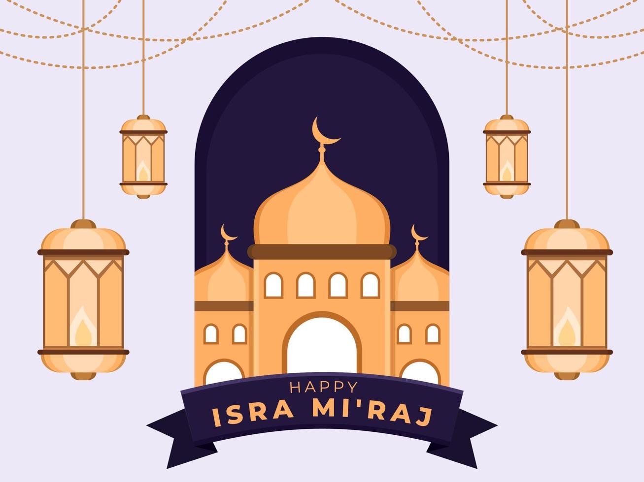 saudação feliz isra mi'raj dia ilustração design com mesquita e ornamento de decoração de lanterna pendurada. celebração do feriado religioso do Islã. celebração da jornada noturna do profeta islâmico muhammad. vetor