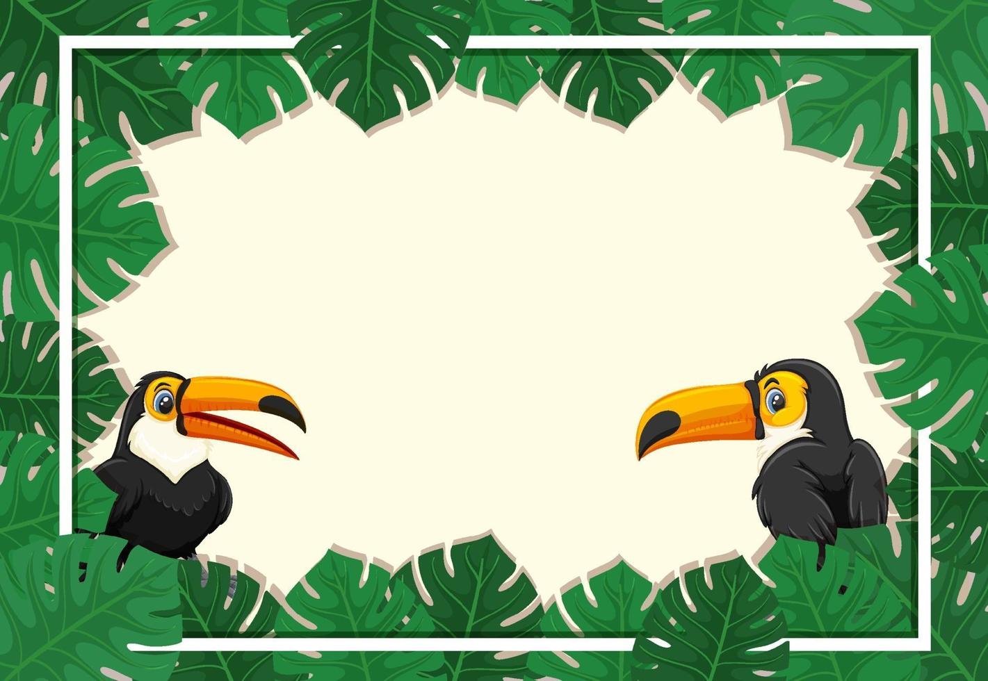 banner vazio com moldura de folhas tropicais e personagem de desenho animado tucano vetor