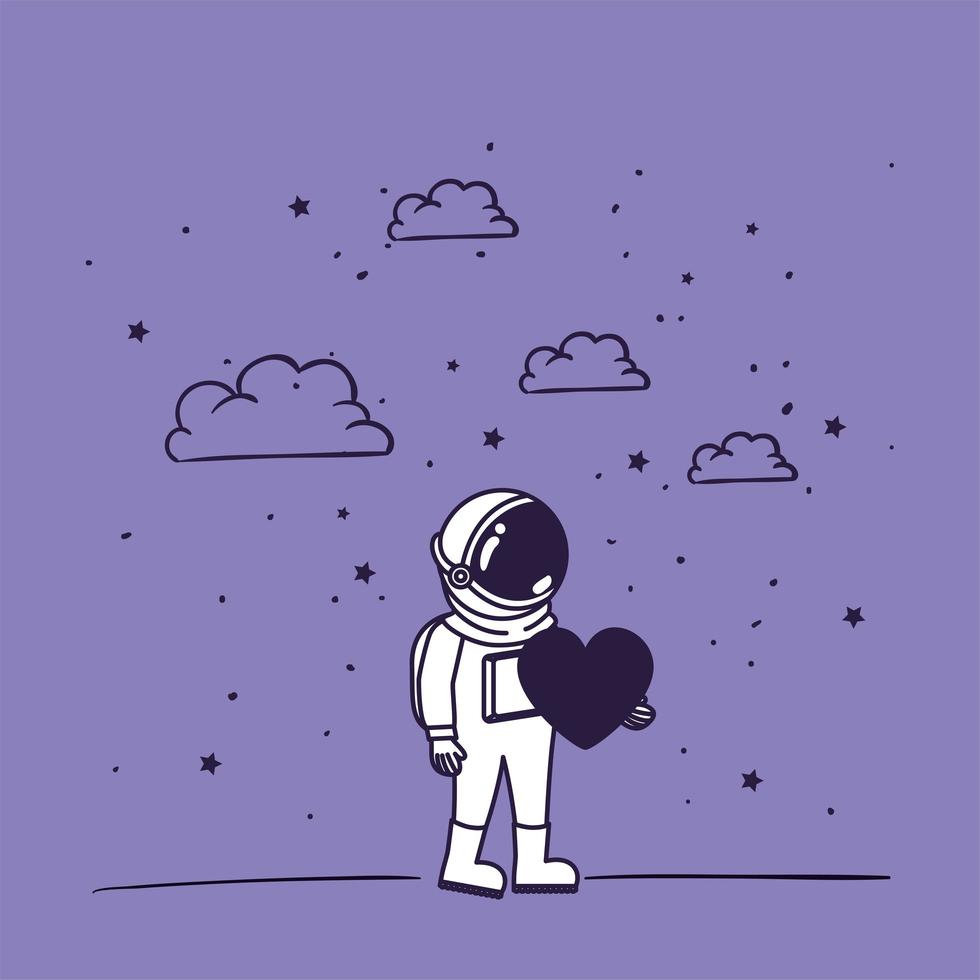 astronauta desenhado à mão com desenho de coração vetor