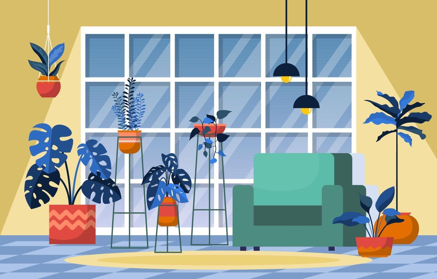 planta de casa tropical planta decorativa verde na ilustração da sala de estar vetor