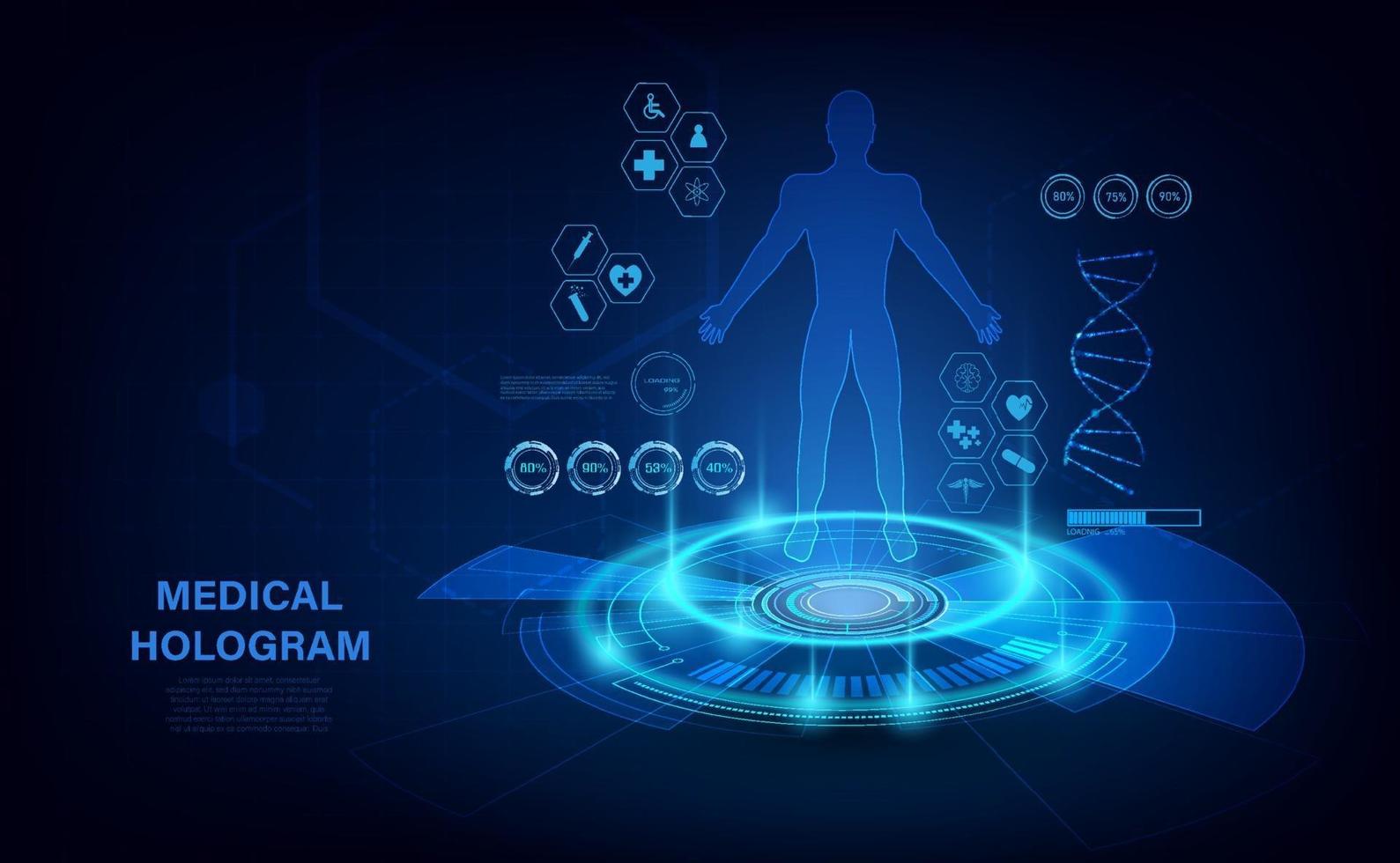 holograma médico com corpo, exame em estilo hud. conceito de saúde exame futurista moderno com corpo humano de holograma e indicadores de saúde. raio X. vetor