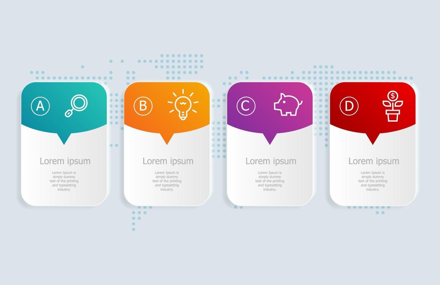 4 etapas de infográficos de linha do tempo horizontal abstrato com mapa mundial para negócios e apresentação vetor