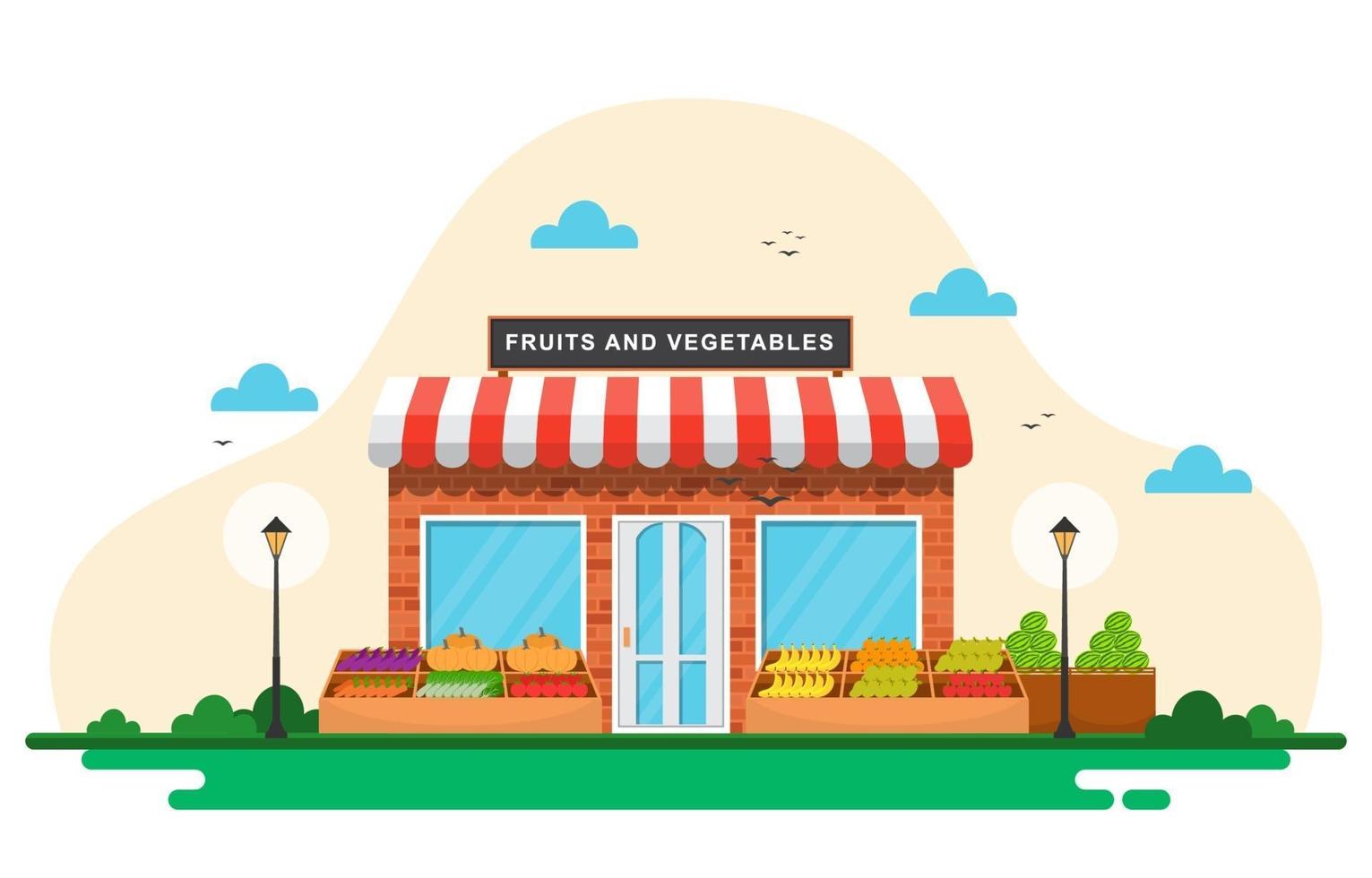 barraca de loja de vegetais de frutas frescas com mercearia em ilustração de mercado vetor