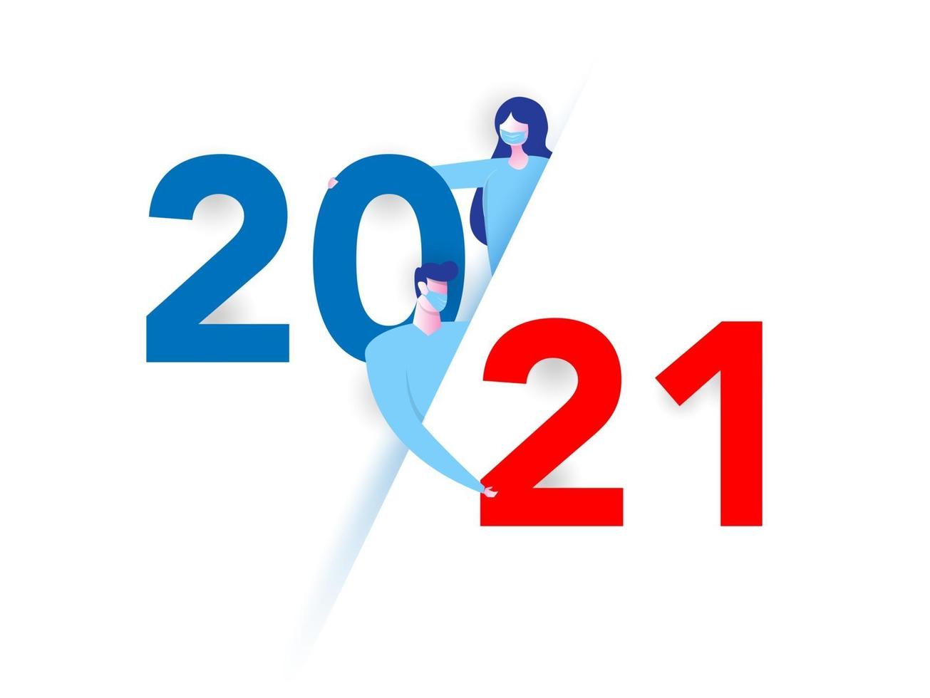 menina e menino usam máscara com feliz ano novo 2021. vetor. número 2021 no conceito moderno. 2021 text. o vetor de desenho do ano 2021 em fundo branco