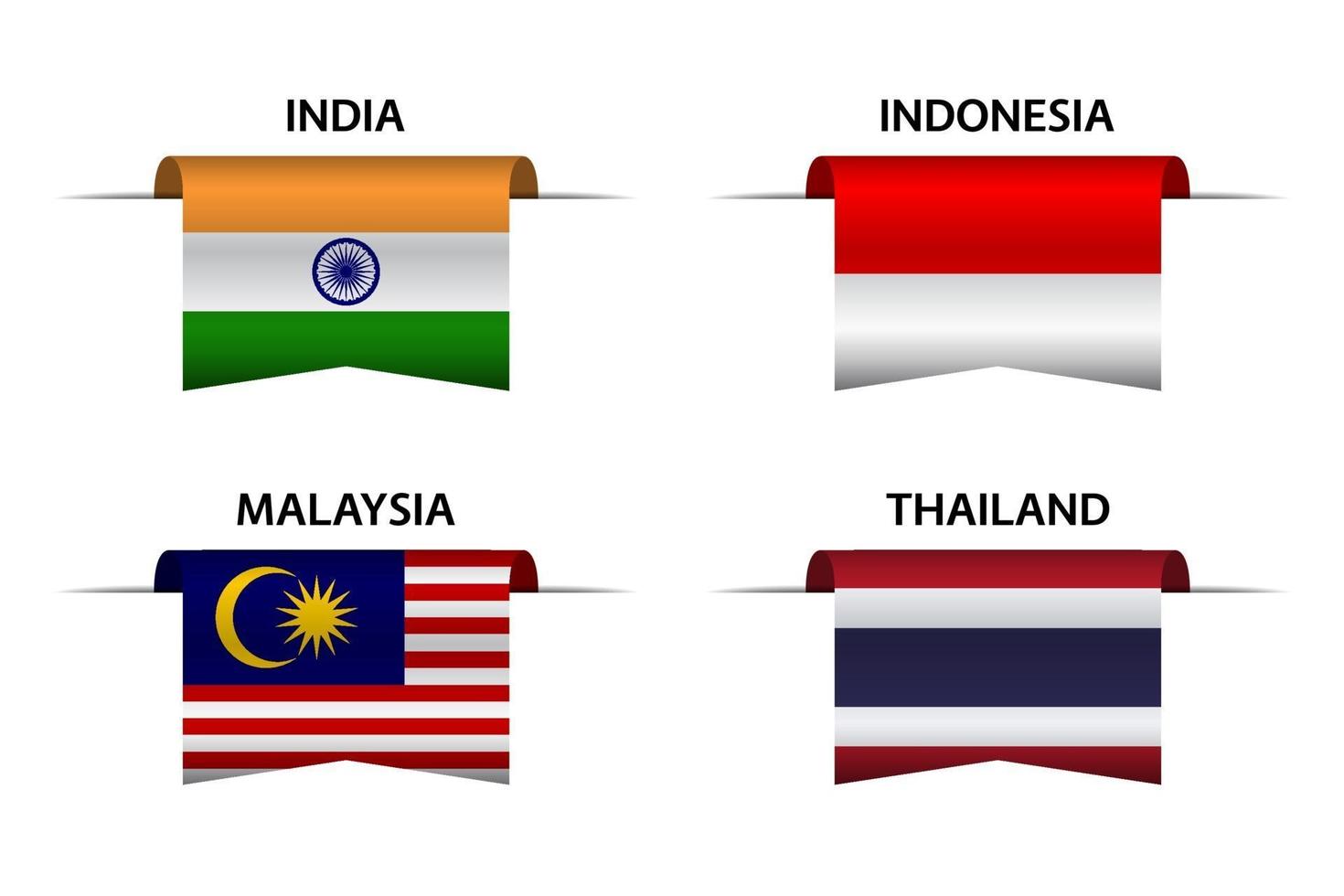 conjunto de quatro fitas indianas, indonésias, malaias e tailandesas. made in india, made in indonesia made in malaysia e made in tailandia adesivos e etiquetas. vetor ícones simples com bandeiras