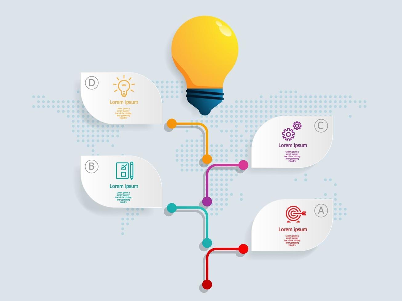 Infográficos abstratos de lâmpada 4 etapas com mapa mundial para negócios e apresentação vetor