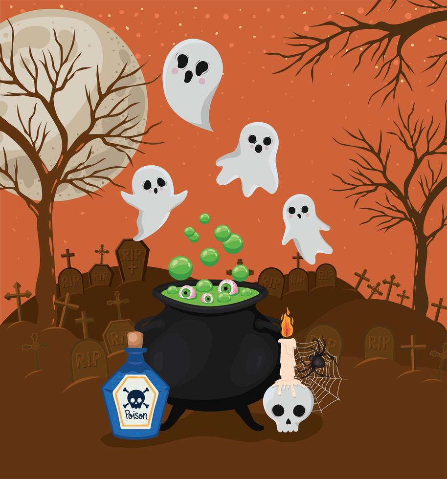 fantasmas de halloween e caldeirão de bruxa em frente a um desenho vetorial de cemitério vetor
